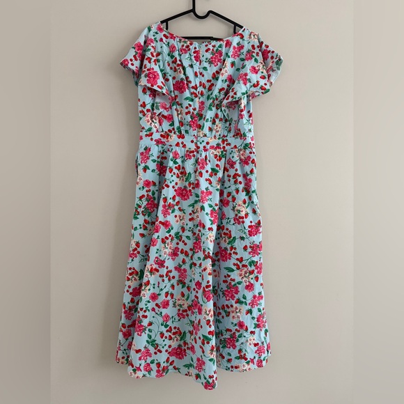 NWOT Ann Taylor Red Floral Aqua Blue V-neck Flutter Sleeve Cotton Midi Dress 12 - Picture 8 of 12